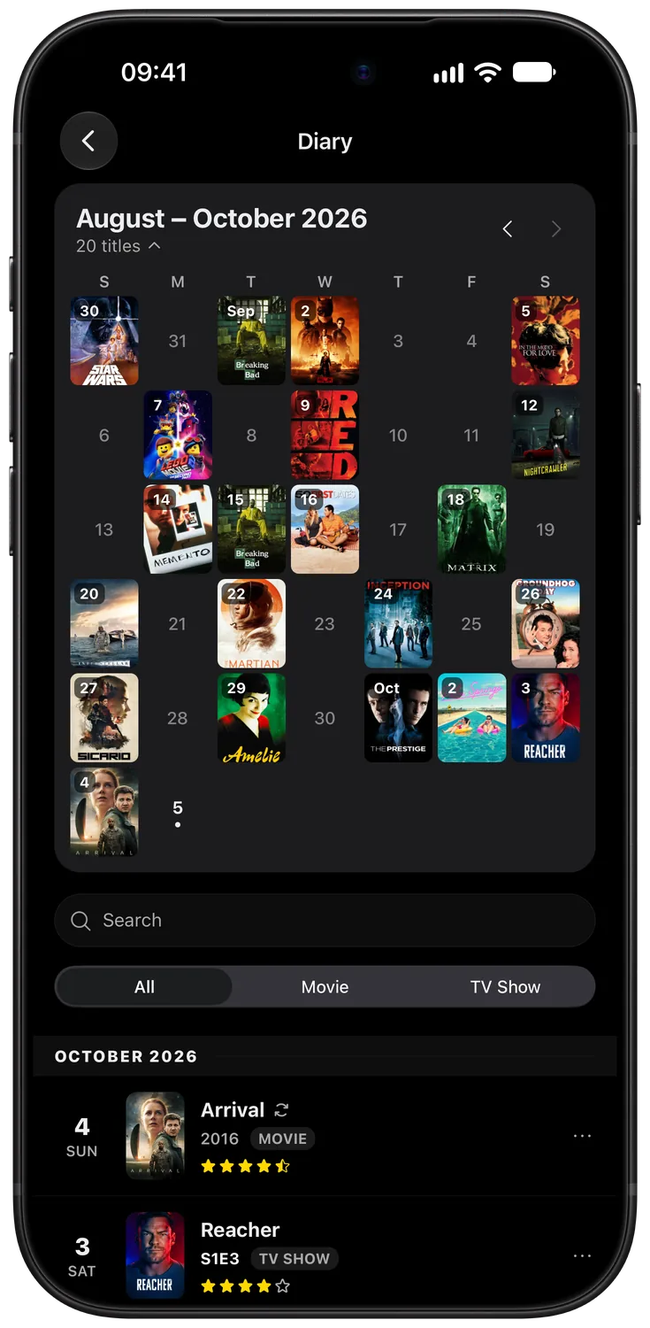 Film diary with a poster calendar and recent entries