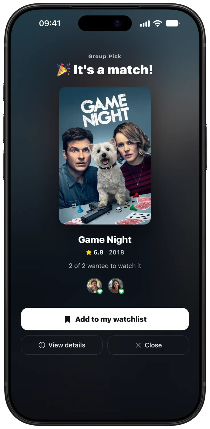 Group Pick match screen for Game Night